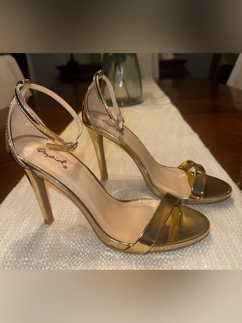Qupid Gold Metallic Strappy Open Toe Ankle Strap Stiletto Heels